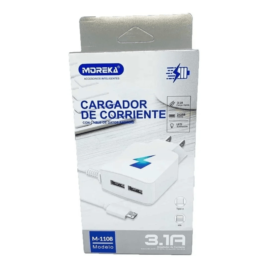 MOREKA CARGADOR 3.1A ENTRADA V8 CARGA RAPIDA 2 ENTRADAS USB