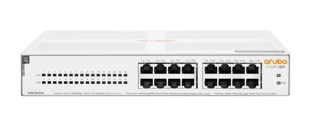 SWITCH HPE ARUBA R8R48A INSTANT ON 1430 CON 16 PUERTOS POE CLASE 4 RJ45 10/100/1000 MBPS NO ADMINISTRABL